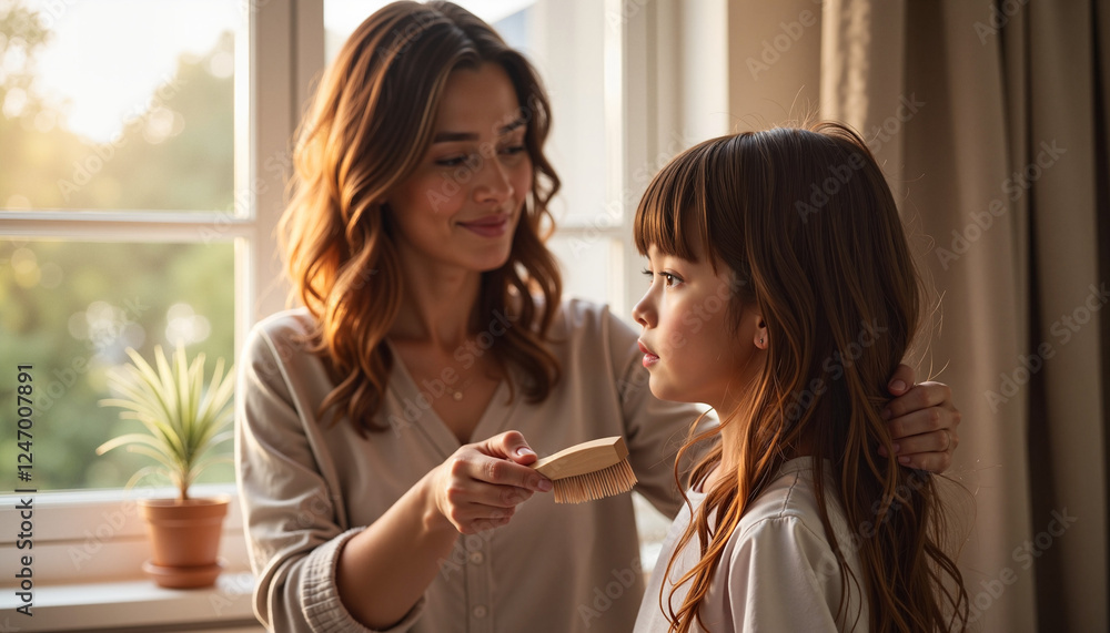 A caring mother gently fixes her daughter's hair while standing in front of a mirror, symbolizing love, support, and the mother-daughter bond. A caring mother gently fixes her daughter's hair while standing in front of a mirror, symbolizing love, support, and the mother-daughter bond.