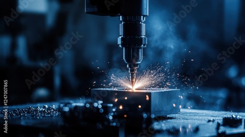 Metal sparks flying cnc machining tool in workshop photo