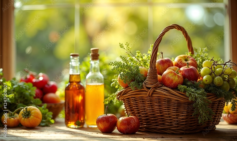 Rustic wicker basket filled with fresh apples and fruits on a sunny kitchen counter
