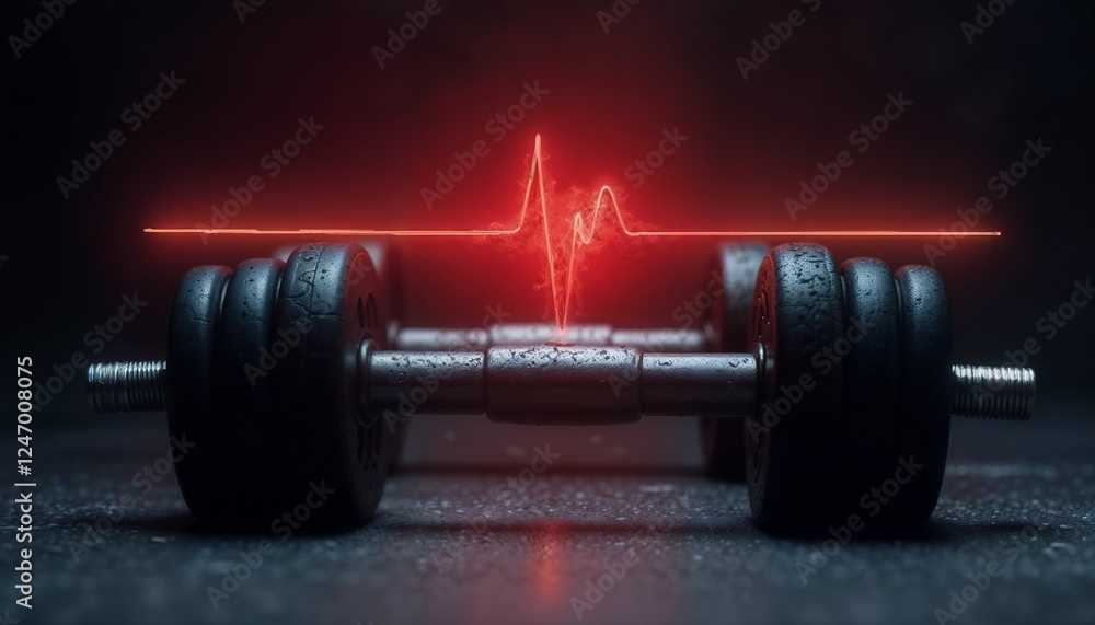 Black dumbbell with heartbeat pulse graphic in vibrant red on gym floo