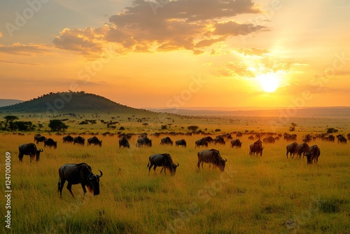 Wallpaper Mural Majestic wildebeest herd grazing at sunset in african savanna Torontodigital.ca