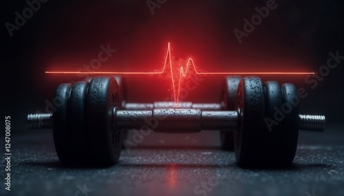 Obraz na płótnie Black dumbbell with heartbeat pulse graphic in vibrant red on gym floo w salonie