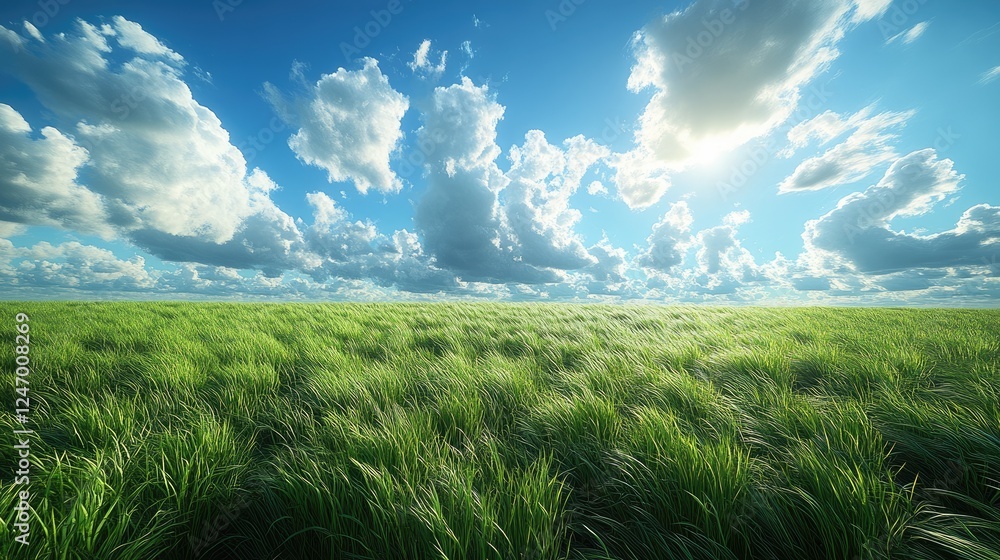 A vibrant green field under a bright blue sky filled with fluffy clouds. A vibrant green field under a bright blue sky filled with fluffy clouds.