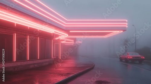 Retro gas station in a foggy night photo