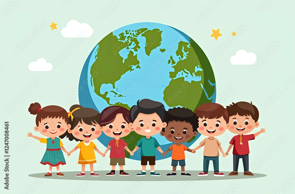 kids or children around the world holding hands, peace unity and harmony concept, united nations