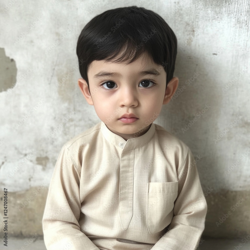 Toddler boy in beige shirt against textured wall. Possible use Children's clothing catalog, magazine feature on toddlers Toddler boy in beige shirt against textured wall. Possible use Children's clothing catalog, magazine feature on toddlers