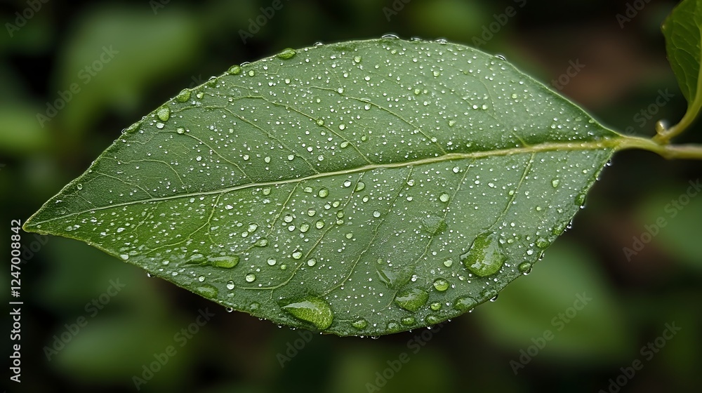 Vibrant Green Leaf with Dew Droplets on Surface in Lush Natural Setting Vibrant Green Leaf with Dew Droplets on Surface in Lush Natural Setting