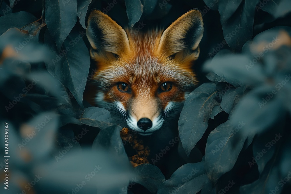 Fototapeta premium Red fox hiding in the bushes, observing surroundings