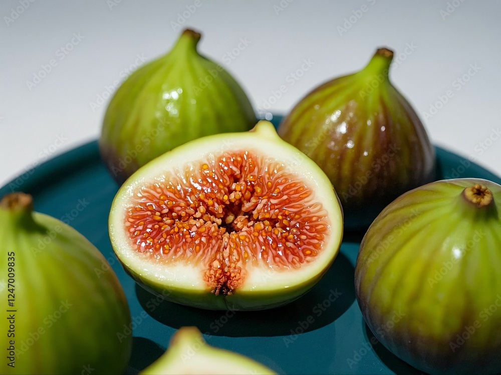 zoom of slice a fig fruit on blue plate white background zoom of slice a fig fruit on blue plate white background