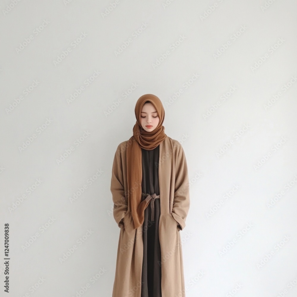 Woman in brown coat and hijab against white background. Fashionable clothing.  Possible use  Magazine, blog, social media