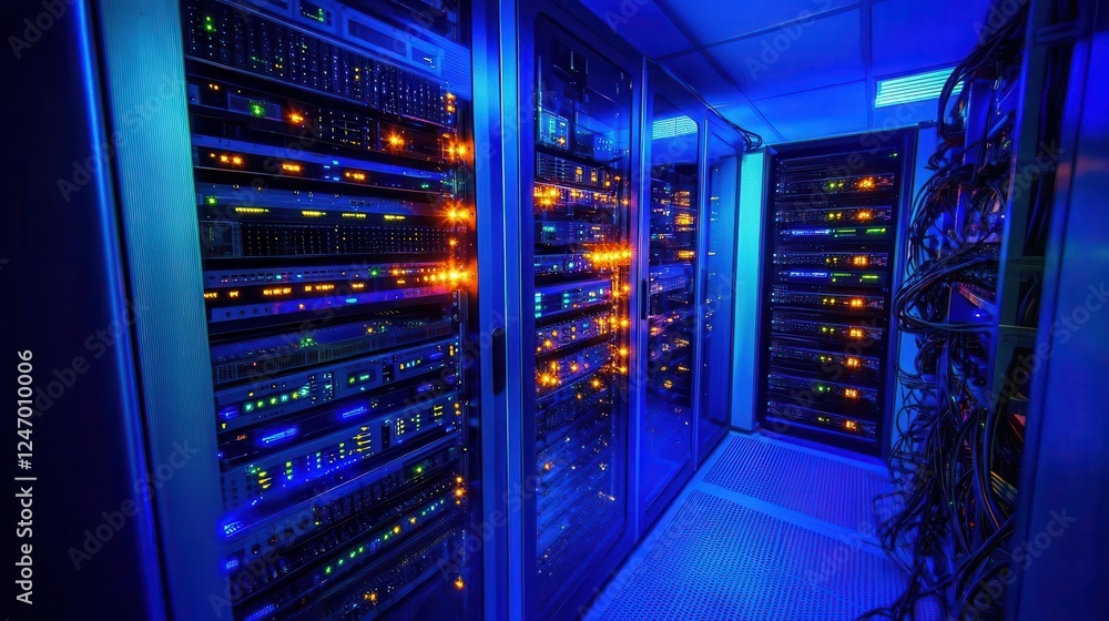 Modern Data Center Server Room with Rack LED Console Displaying Network Operations Modern Data Center Server Room with Rack LED Console Displaying Network Operations
