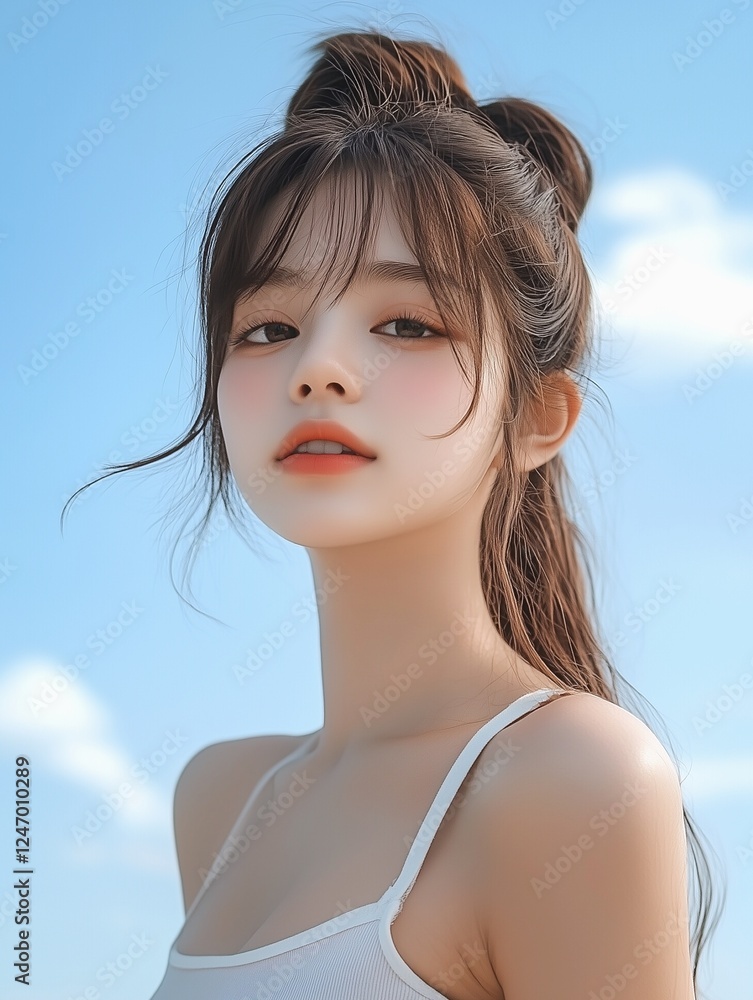 A cute girl poses looking down at the camera on a clear sky background A cute girl poses looking down at the camera on a clear sky background