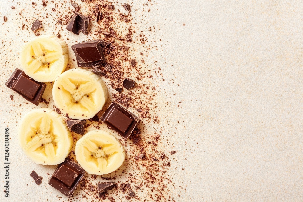 Fototapeta premium Banana slices chocolate pieces on beige background