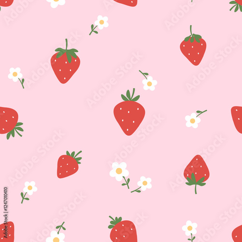 Seamless pattern of strawberry with green leaves and cute flower on pink background vector.