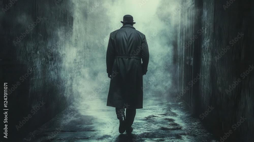 Mysterious Detective Walking Through Foggy Alley at Night, Cinematic Thriller Scene with Suspenseful Atmosphere Mysterious Detective Walking Through Foggy Alley at Night, Cinematic Thriller Scene with Suspenseful Atmosphere