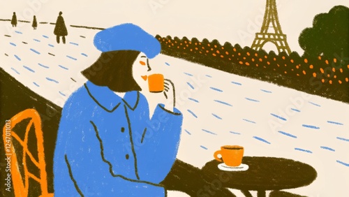 Fototapeta Naklejka Na Ścianę i Meble -  A stylish Parisian woman in a beret and trench coat sips espresso at a charming outdoor café. The Eiffel Tower stands in the background as people walk along streets