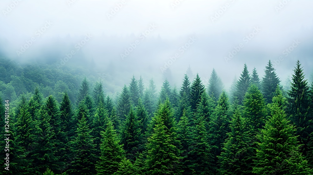 Misty Green Coniferous Forest on Mountain Misty Green Coniferous Forest on Mountain