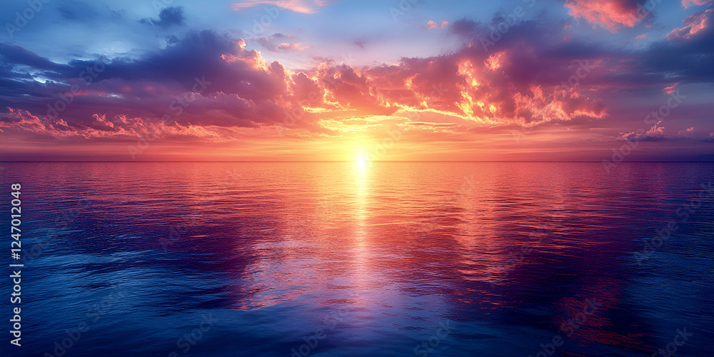 vibrant sunset over calm ocean with luminous clouds and purple horizon vibrant sunset over calm ocean with luminous clouds and purple horizon