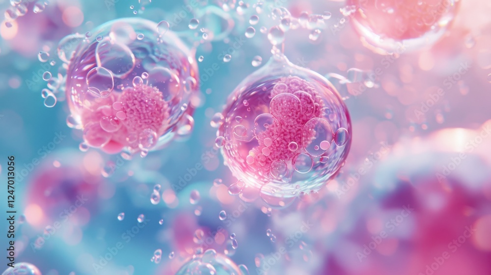 Obraz premium High-detail 3D rendering of a molecule within a liquid bubble, floating in a cosmetic essence, with a DNA water splash background. Captivating and vibrant