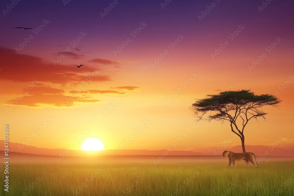 Serene Sunset Over African Savannah - A picturesque scene of a sunset illuminating the African savannah, featuring a lone tree and a lion in the foreground, evoking a sense of tranquility and beauty. Serene Sunset Over African Savannah - A picturesque scene of a sunset illuminating the African savannah, featuring a lone tree and a lion in the foreground, evoking a sense of tranquility and beauty.