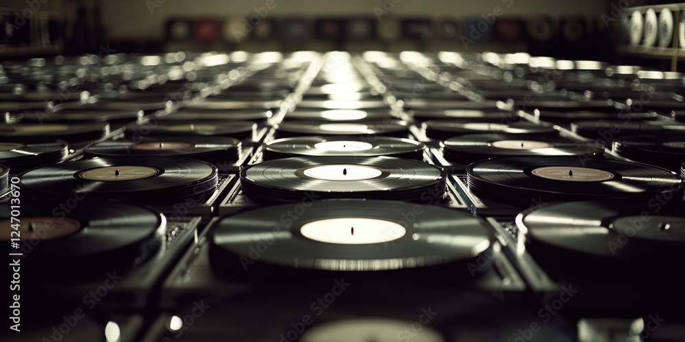 Obraz premium Close up of a large record collection, showing rows of vinyl records and cds. A music lovers haven.