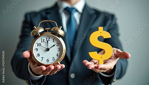Businessman holding clock and dollar sign, balancing time and wealth