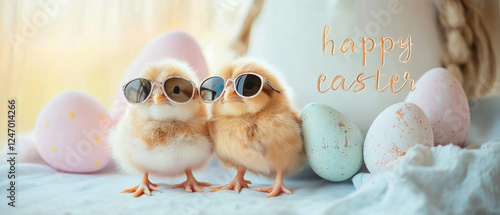easter, hoilday greeting card, chicks with sunglasses and eggs on the bottom, text 