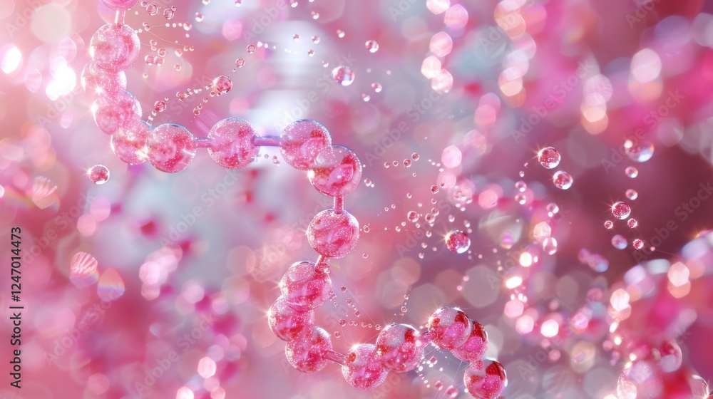 High-detail 3D rendering of a molecule within a liquid bubble, floating in a cosmetic essence, with a DNA water splash background. Captivating and vibrant High-detail 3D rendering of a molecule within a liquid bubble, floating in a cosmetic essence, with a DNA water splash background. Captivating and vibrant