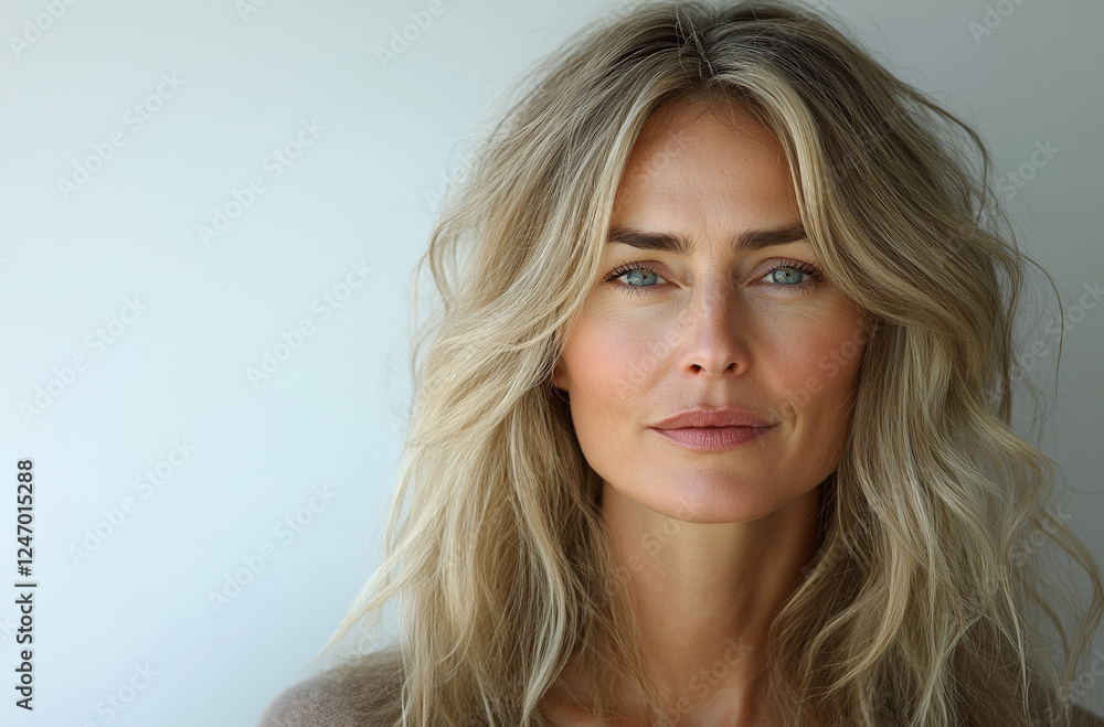 A beautiful, attractive, and graceful mature woman around 50 years old with white hair gently touches her face in front of a light grey background. This elegant image is perfect for a beauty A beautiful, attractive, and graceful mature woman around 50 years old with white hair gently touches her face in front of a light grey background. This elegant image is perfect for a beauty