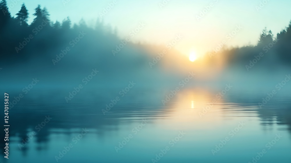 Fototapeta premium Misty Sunrise over a Tranquil Lake with Reflections