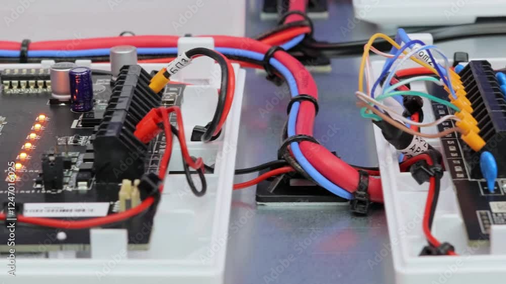 Security and fire alarm equipment with LEDs on. Close-up. Soft focus.
