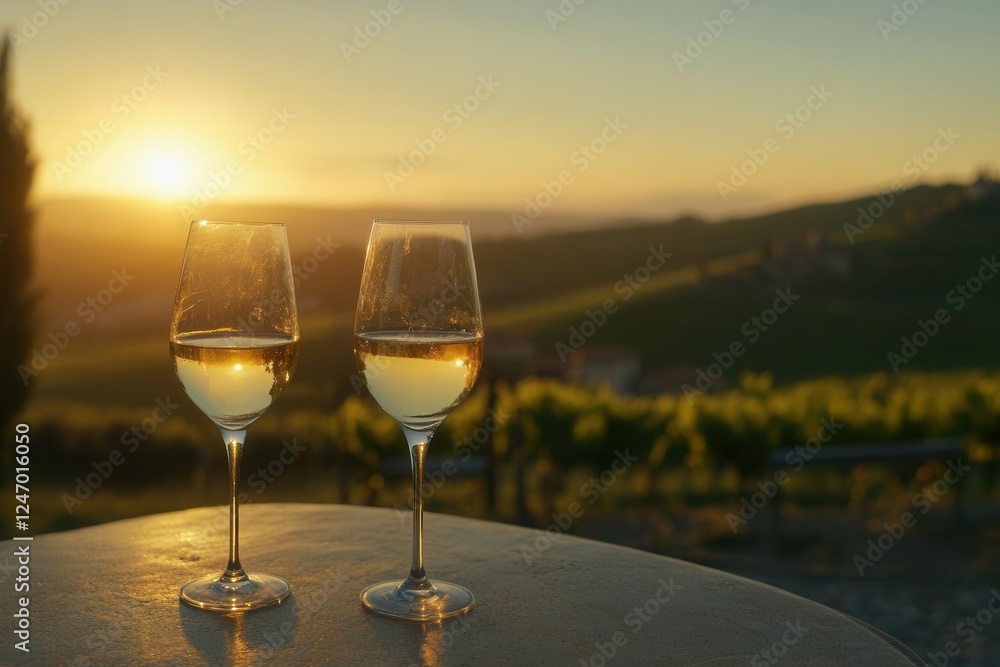 Obraz premium Romantic Vineyard Sunset Dinner with Glasses of Wine and Intimate Atmosphere