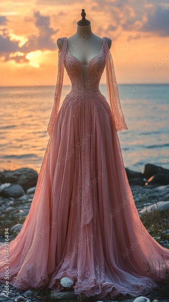A pink dress on a mannequin standing by the sea at sunset. A pink dress on a mannequin standing by the sea at sunset.