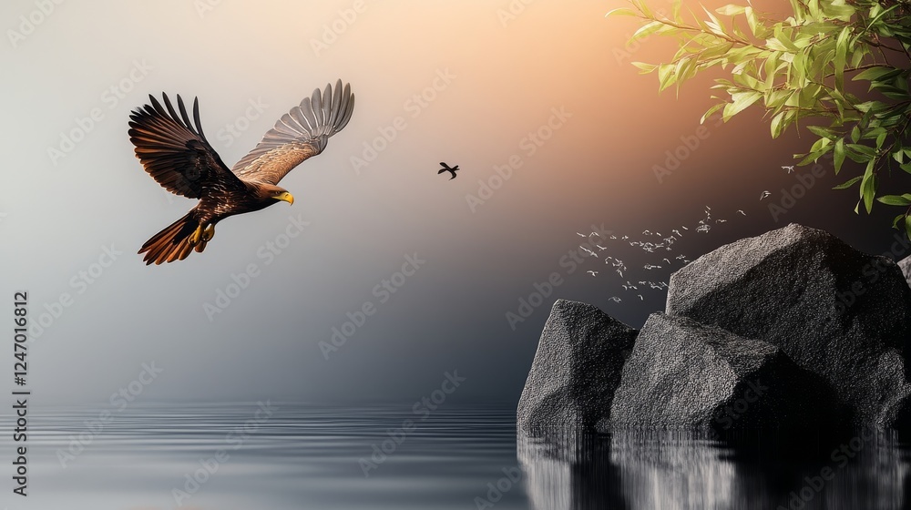 Fototapeta premium Majestic Eagle Takes Flight Over Tranquil Water - A stunning eagle soaring gracefully above calm water, embellished with tranquil rocks and budding greenery, symbolizing freedom, nature, peace