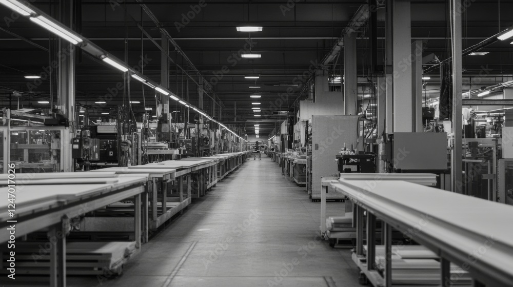 Empty factory production line, industrial interior, machinery, automated process, potentially for stock photography Empty factory production line, industrial interior, machinery, automated process, potentially for stock photography