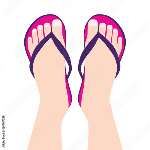 female feet in pink flip flops, summer beach flip flop shoes, cartoon vector illustration of woman feet in flip flop shoes top view