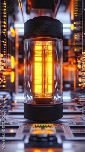 Futuristic cylindrical object with glowing neon lines against a dark background, representing advanced technology