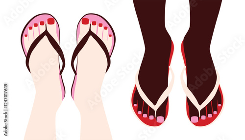 black and white vector female feet in slippers isolatd on white background , summer holiday concept