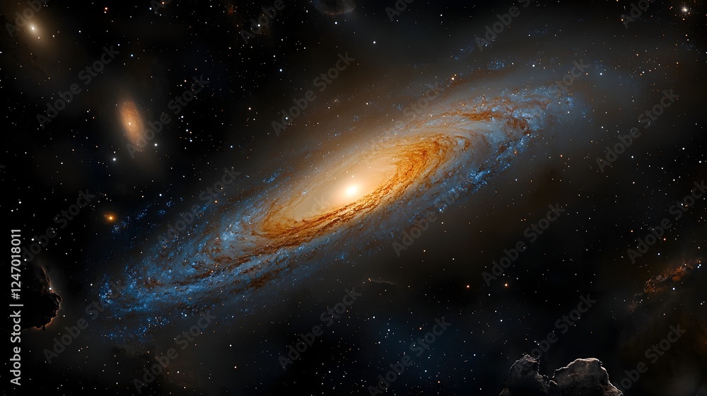 Obraz premium Captivating Spiral Galaxy with Luminous Core and Prominent Dust Lane in Cosmic Splendor A Breathtaking Celestial Masterpiece Showcasing the Grandeur of the Universe