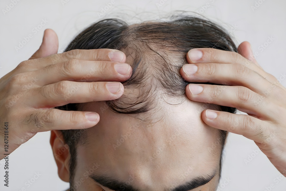 Fototapeta premium Close-Up Photograph of a Man's Head with Thinning Hair and Hands Holding Scalp for Examination
