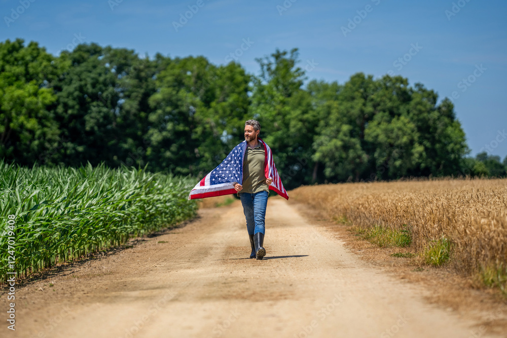 American labor day. American flag and man farmer. Flag of USA. Independence day. Man in field. Man with American flag in crop field. Independence day of America. 4th of July. Independent nation American labor day. American flag and man farmer. Flag of USA. Independence day. Man in field. Man with American flag in crop field. Independence day of America. 4th of July. Independent nation