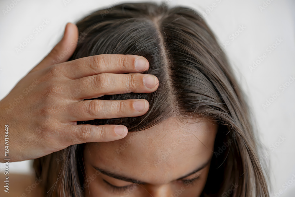 Naklejka premium Close-Up Photograph of a Woman Examining Her Scalp with One Hand and Center Hair Part Visible