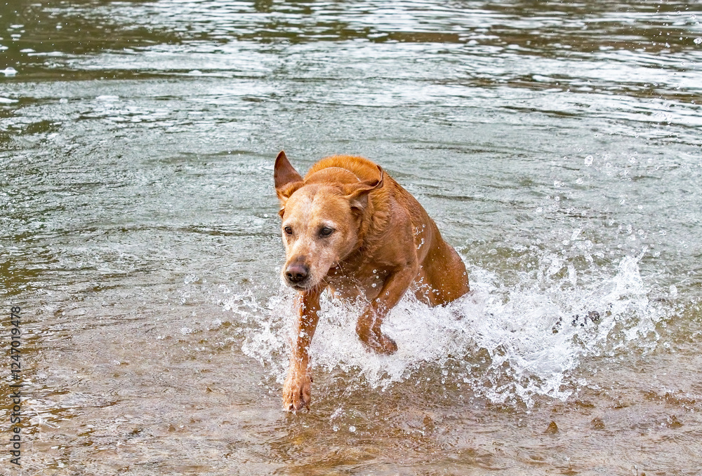 A Labrador splashes through a stream whilst having fun. Dog walking and country lifestyle image. A Labrador splashes through a stream whilst having fun. Dog walking and country lifestyle image.