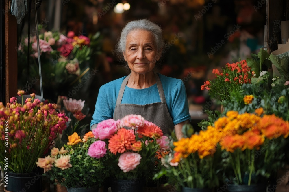 Elderly woman joyfully tending to colorful flower display Elderly woman joyfully tending to colorful flower display