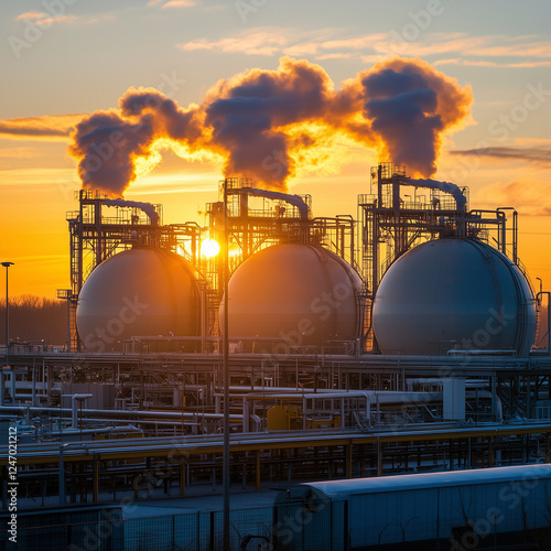 Liquefied natural gas storage facility at sunset with emissions
