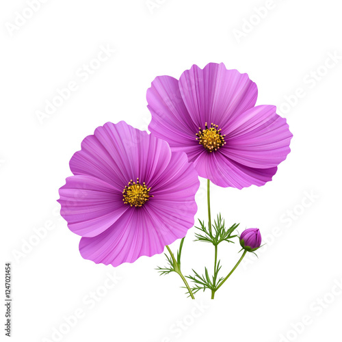 Vibrant Pink Cosmos Flowers with Bud on Transparent Background
