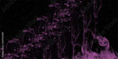 Colored background with winding clouds of smoke from patterns of different forms of Purple smoke on black background. Incense stick smock on dark background.