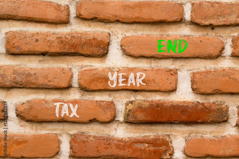 Tax year end symbol. Concept words Tax year end on beautiful brown brick wall. Beautiful brown brick wall background. Business tax year end concept. Copy space. Tax year end symbol. Concept words Tax year end on beautiful brown brick wall. Beautiful brown brick wall background. Business tax year end concept. Copy space.