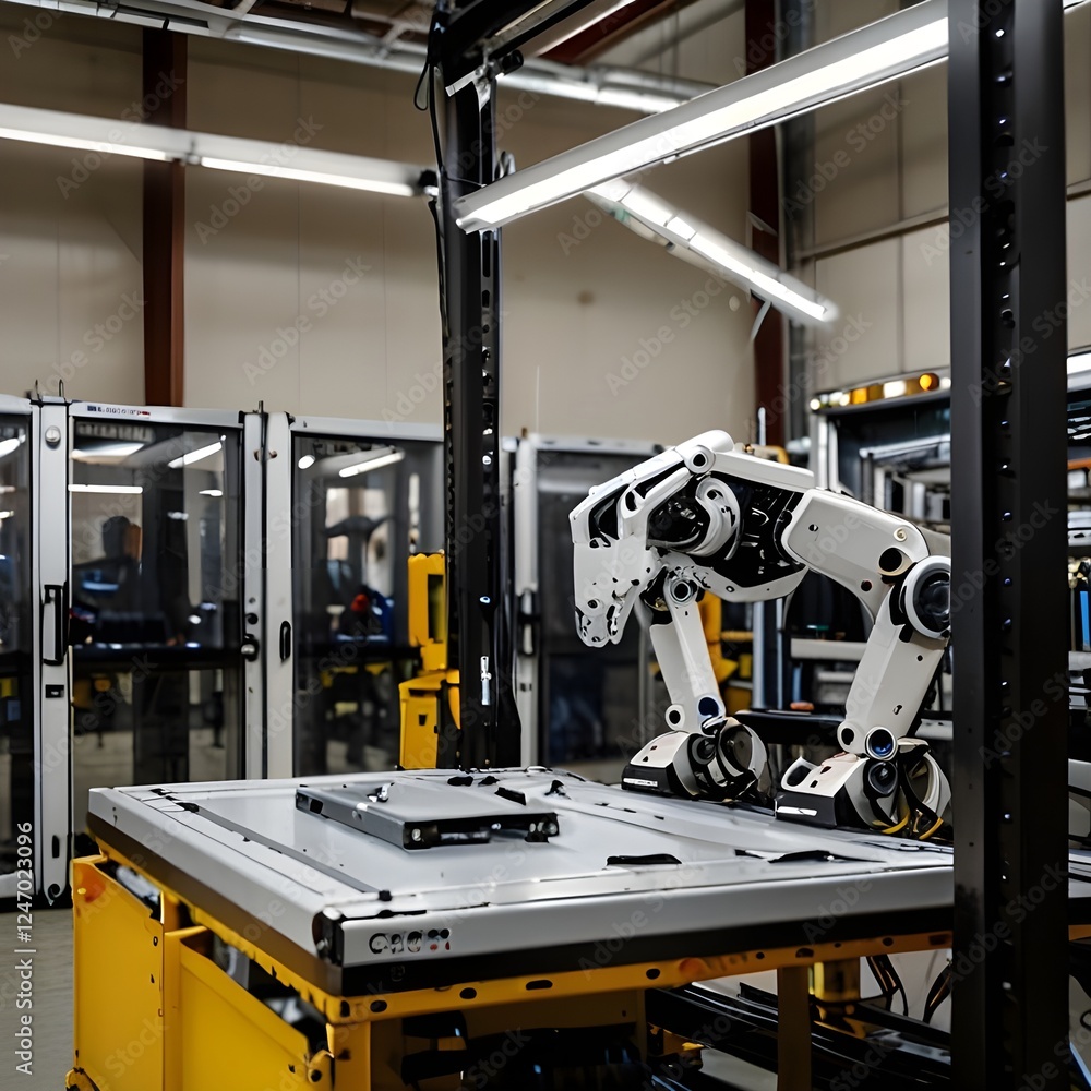 An advanced robotic arm working autonomously on a production line in an industrial facility. The high-tech setup is designed for automated precision in manufacturing.
An advanced robotic arm working autonomously on a production line in an industrial facility. The high-tech setup is designed for automated precision in manufacturing.