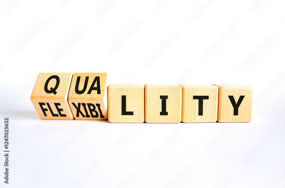 Quality or flexibility symbol. Concept words Quality Flexibility on wooden cubes. Beautiful white table white background. Business and quality or flexibility concept. Copy space. Quality or flexibility symbol. Concept words Quality Flexibility on wooden cubes. Beautiful white table white background. Business and quality or flexibility concept. Copy space.